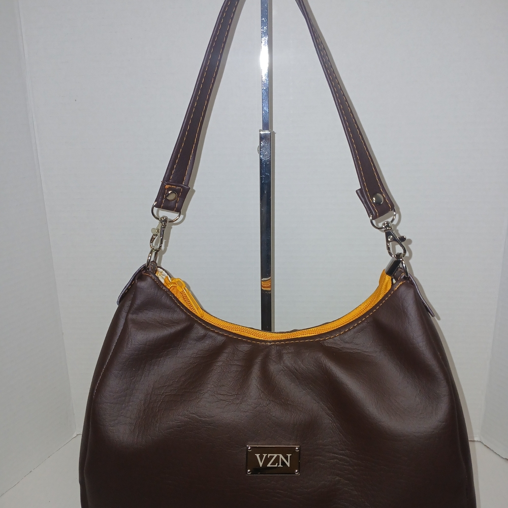 Brown Hobo Bag with Vibrant Yellow Accent